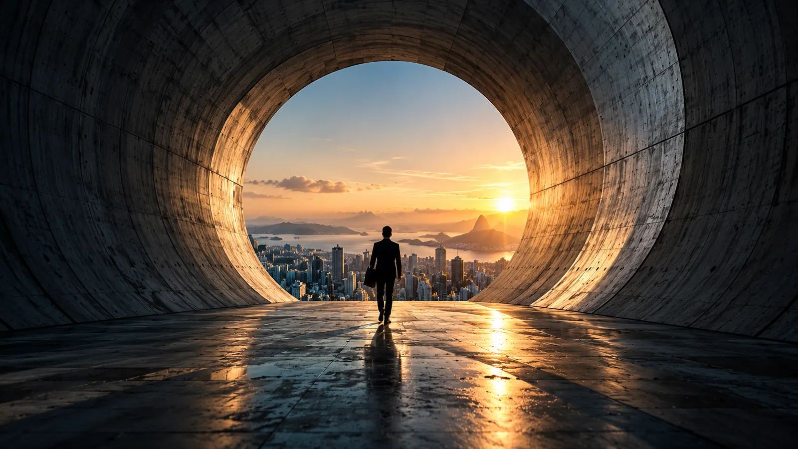 Estrutura circular monumental com um caminho em direção ao horizonte, representação conceitual da escolha entre mercados de listagem.