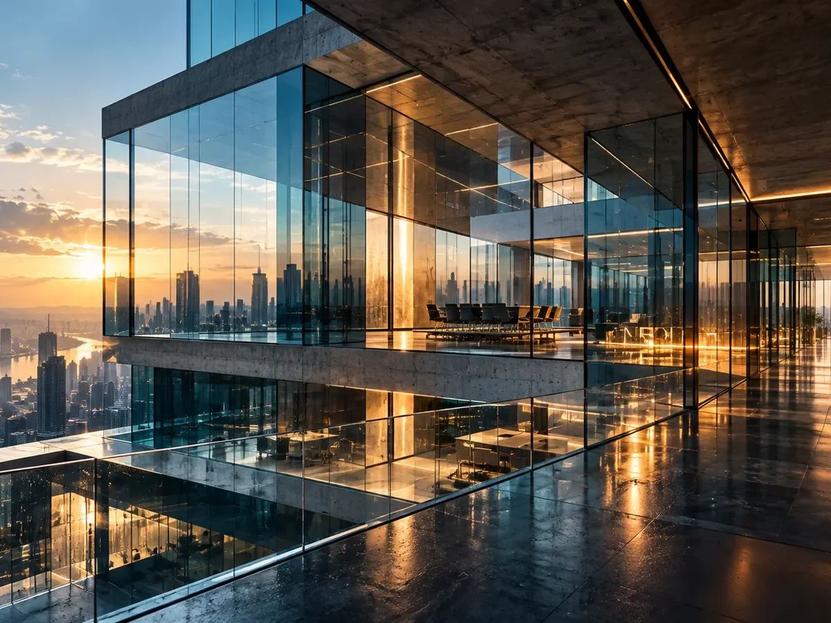 Arquitetura de vidro e concreto com camadas transparentes e luz do entardecer.