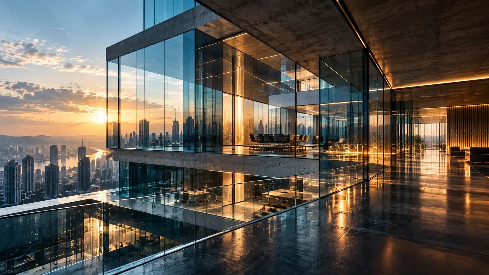 Arquitetura de vidro e concreto com camadas transparentes e luz do entardecer.