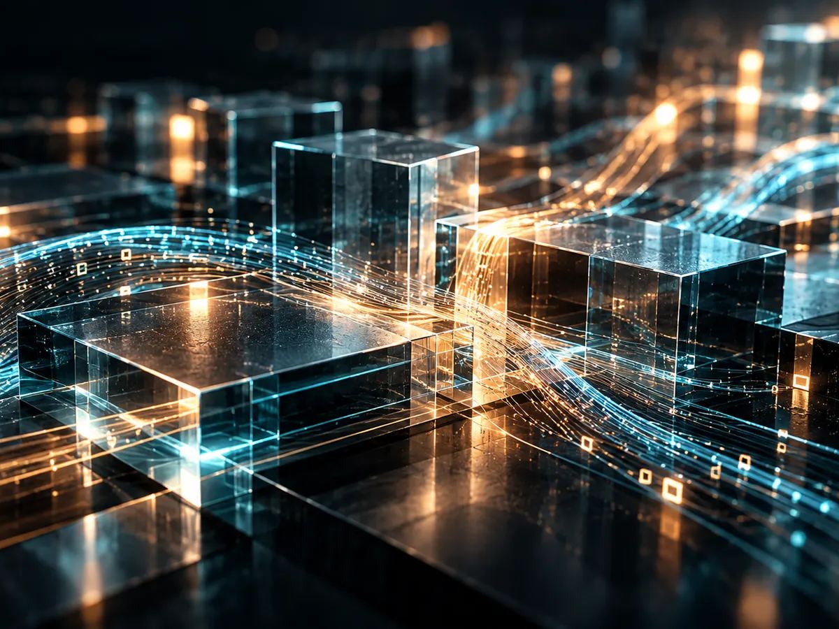 Blocos de vidro conectados por fluxos luminosos, em composição editorial sobre dados empresariais.