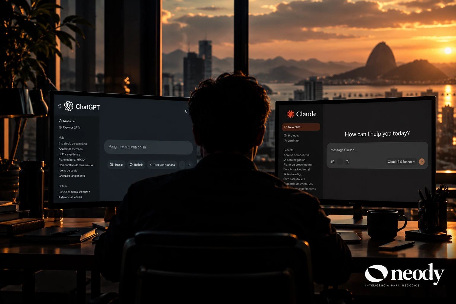 Profissional de costas diante de dois monitores com ChatGPT e Claude, em fotografia editorial da NEODY.