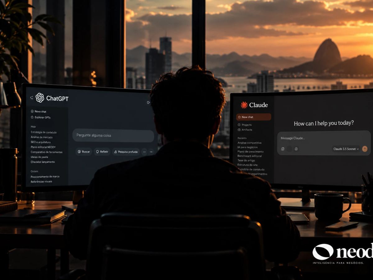 Profissional de costas diante de dois monitores com ChatGPT e Claude, em fotografia editorial da NEODY.