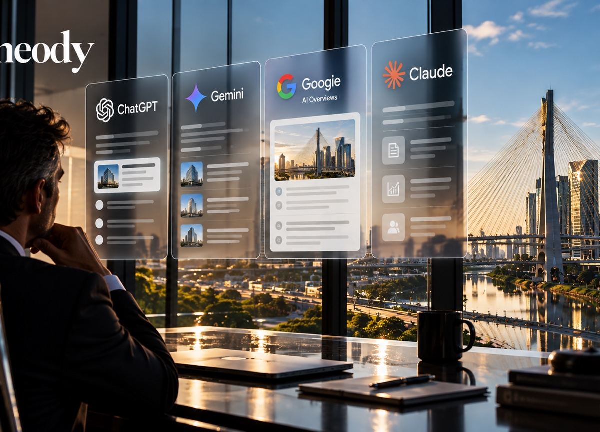 Executivo diante de painéis de ChatGPT, Gemini, Google AI Overviews e Claude, com a Ponte Estaiada de São Paulo ao fundo e a marca NEODY no canto superior esquerdo.