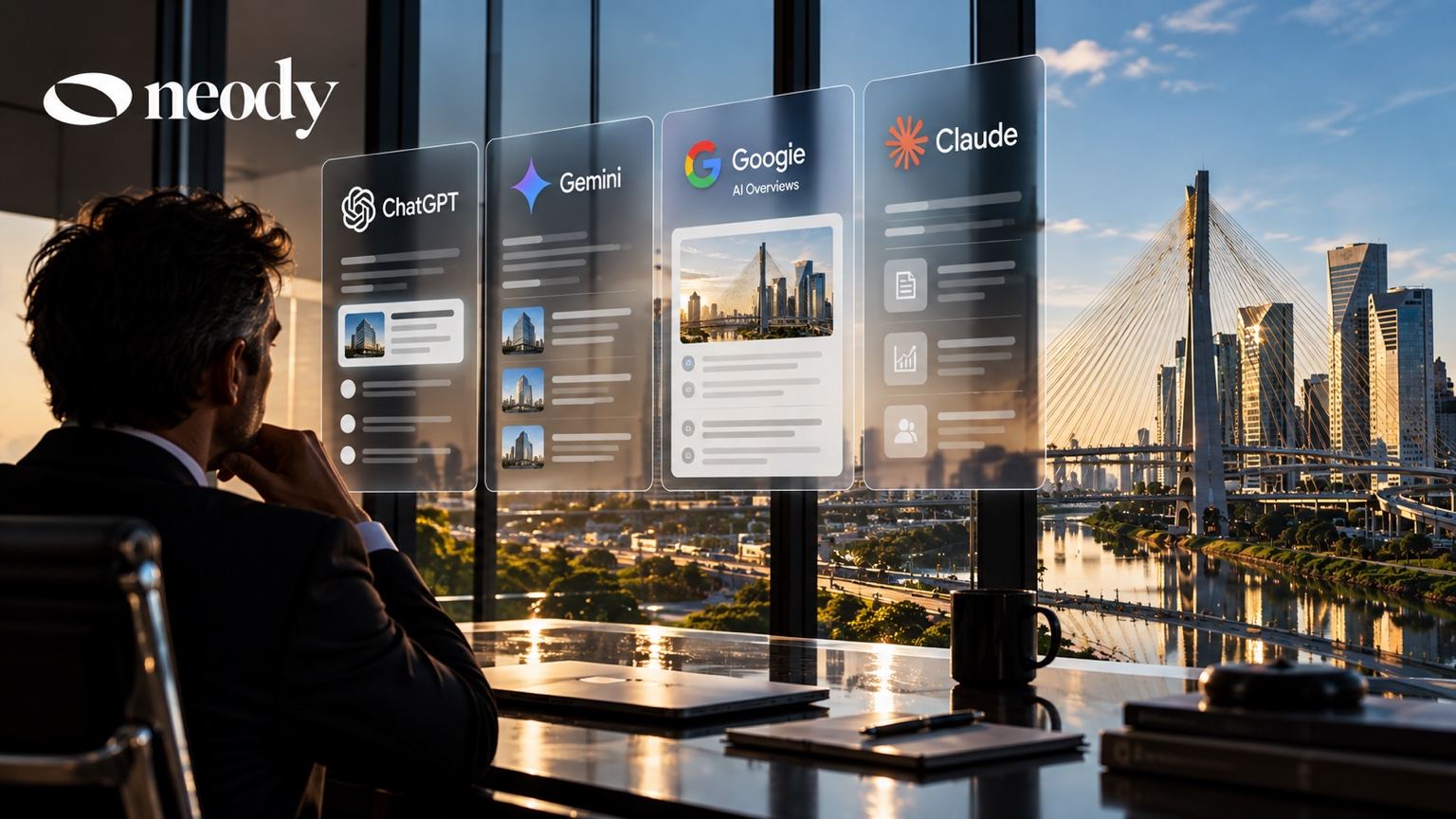 Executivo diante de painéis de ChatGPT, Gemini, Google AI Overviews e Claude, com a Ponte Estaiada de São Paulo ao fundo e a marca NEODY no canto superior esquerdo.