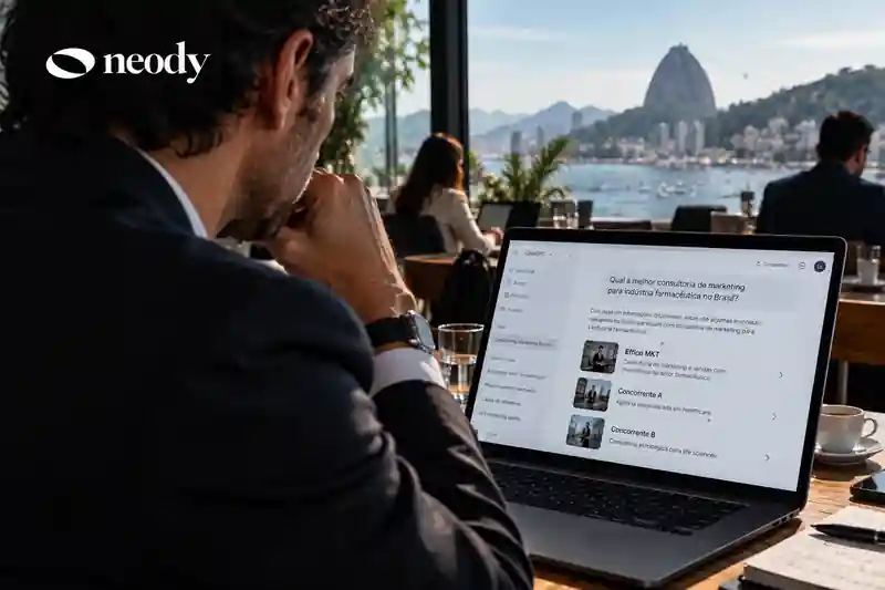 Executivo compara empresas em uma resposta de inteligência artificial durante uma decisão de compra no Rio de Janeiro.
