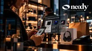 Consumidora usa o celular diante de produto e terminal de pagamento em ambiente de varejo, representando a entrada de agentes de IA na jornada de compra.