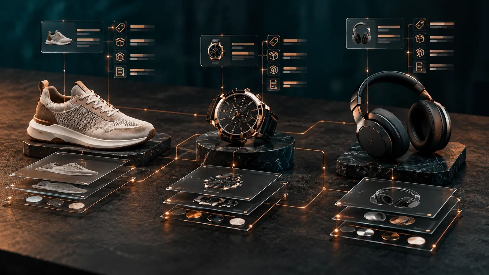 Três produtos diferentes ligados a camadas visuais de dados comerciais em tons escuros e cobre.