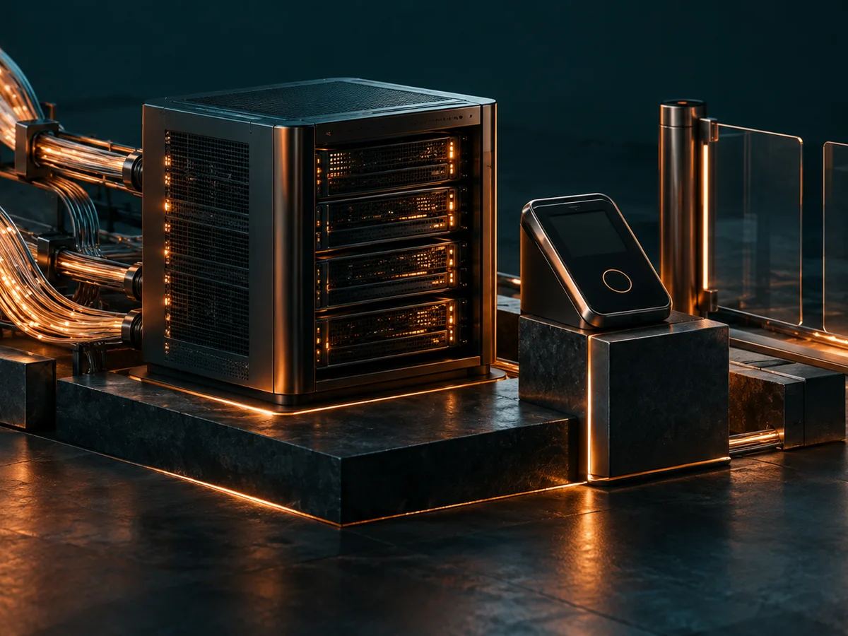 Infraestrutura digital com fibras luminosas, servidor, terminal e controle de acesso em tons de cobre.