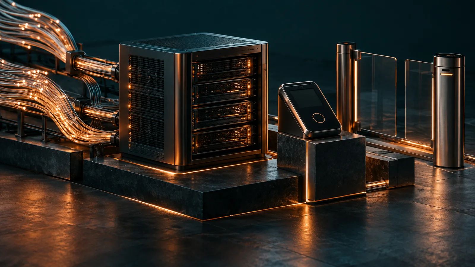 Infraestrutura digital com fibras luminosas, servidor, terminal e controle de acesso em tons de cobre.