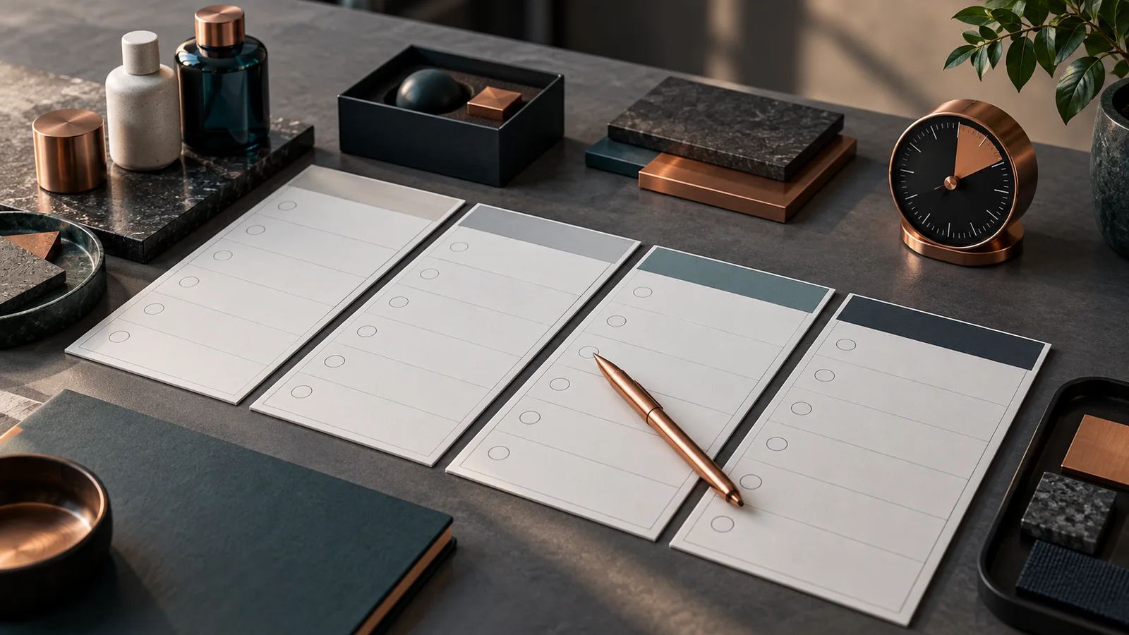 Quatro folhas de planejamento sem texto, caneta de cobre e relógio sobre uma mesa.