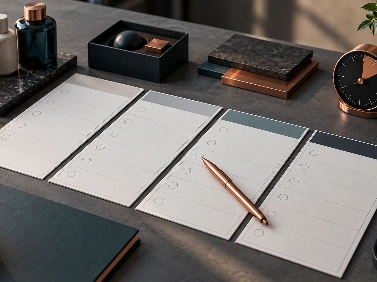 Quatro folhas de planejamento sem texto, caneta de cobre e relógio sobre uma mesa.