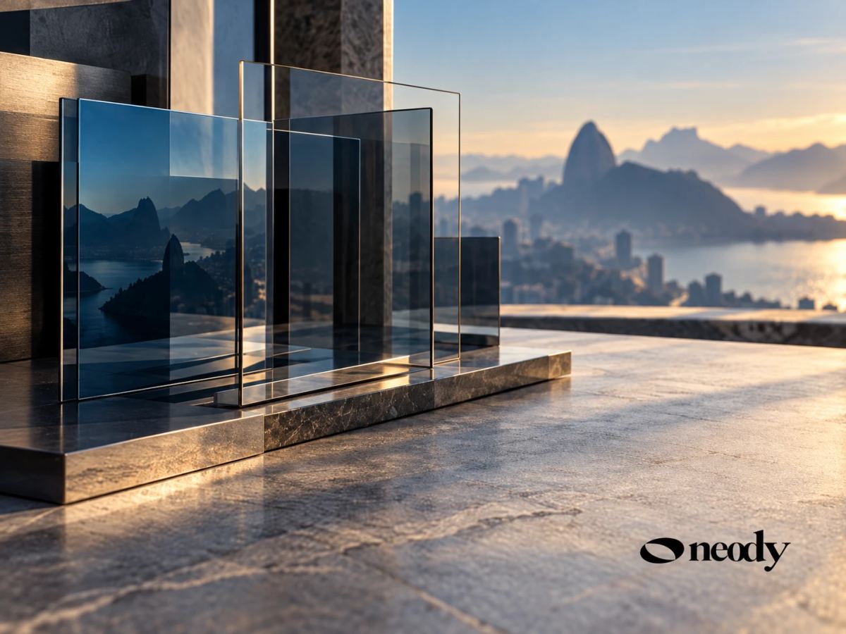 Camadas de vidro e metal em uma composição conceitual sobre pesquisa e contexto.