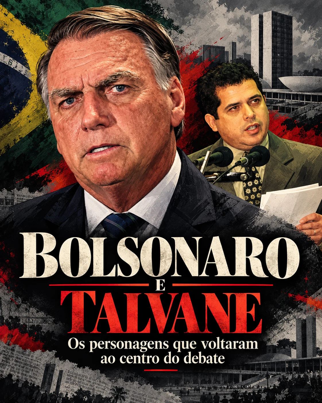 Capa ilustrada da reportagem Bolsonaro e Talvane: Jair Bolsonaro em primeiro plano e Talvane Albuquerque na tribuna, com o Congresso Nacional e a bandeira do Brasil ao fundo.