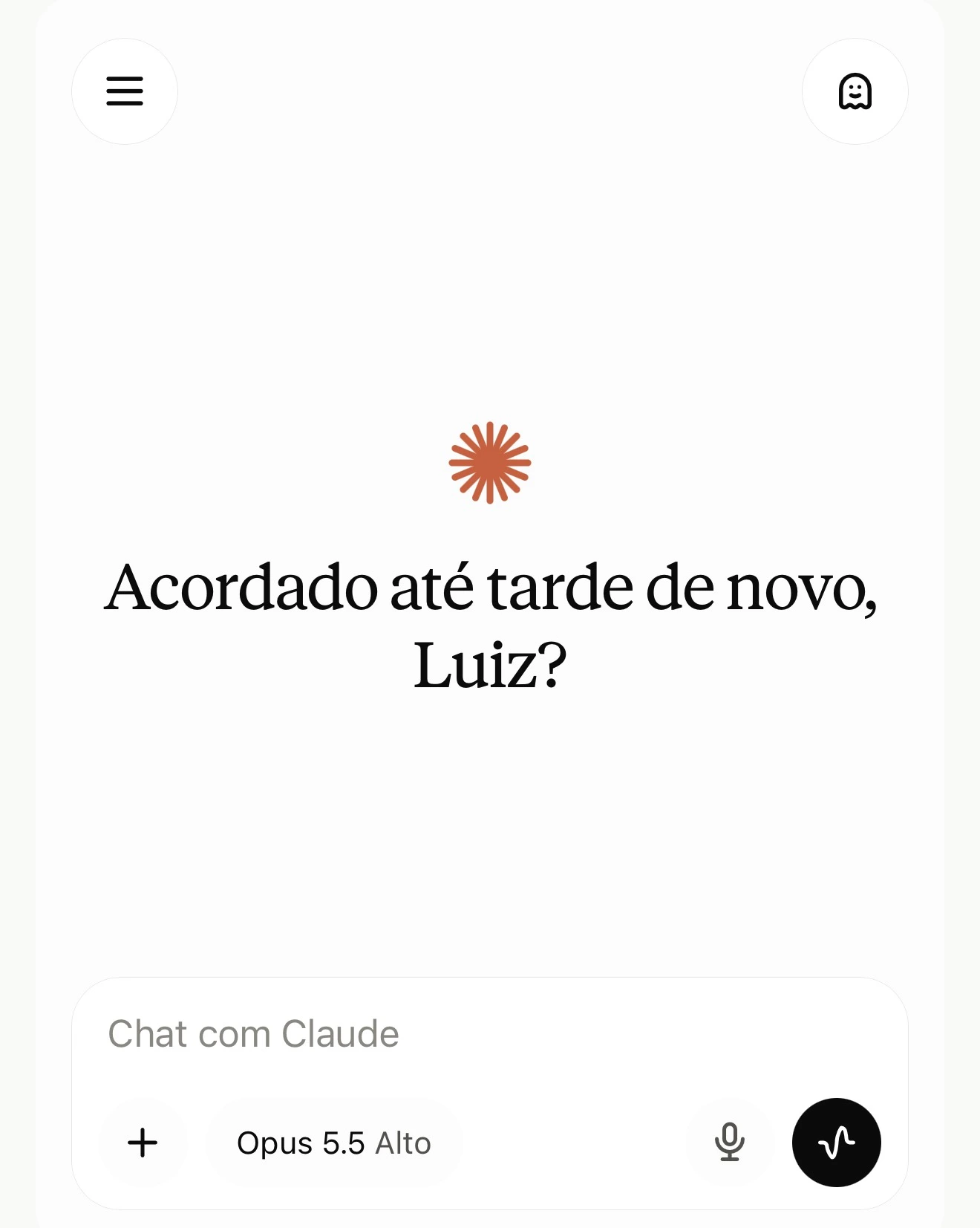 Captura original da interface do Claude com a mensagem Acordado até tarde de novo, Luiz?