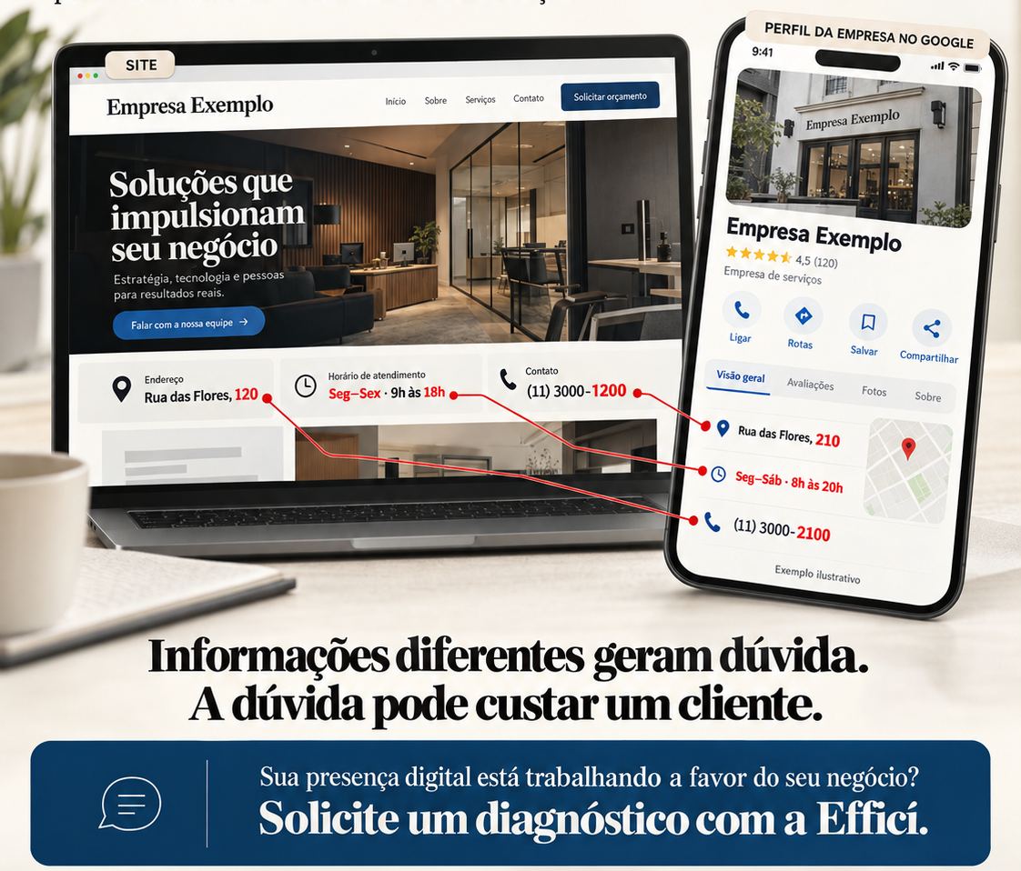 Site e Perfil da Empresa no Google apresentam informações diferentes sobre uma empresa fictícia.