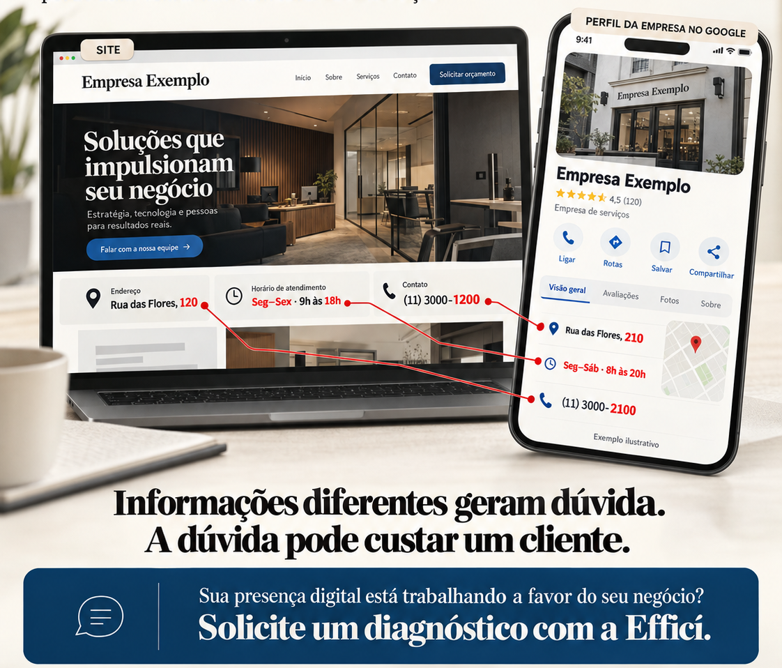 Exemplo ilustrativo de site e Perfil da Empresa no Google com endereço, horário e telefone divergentes.