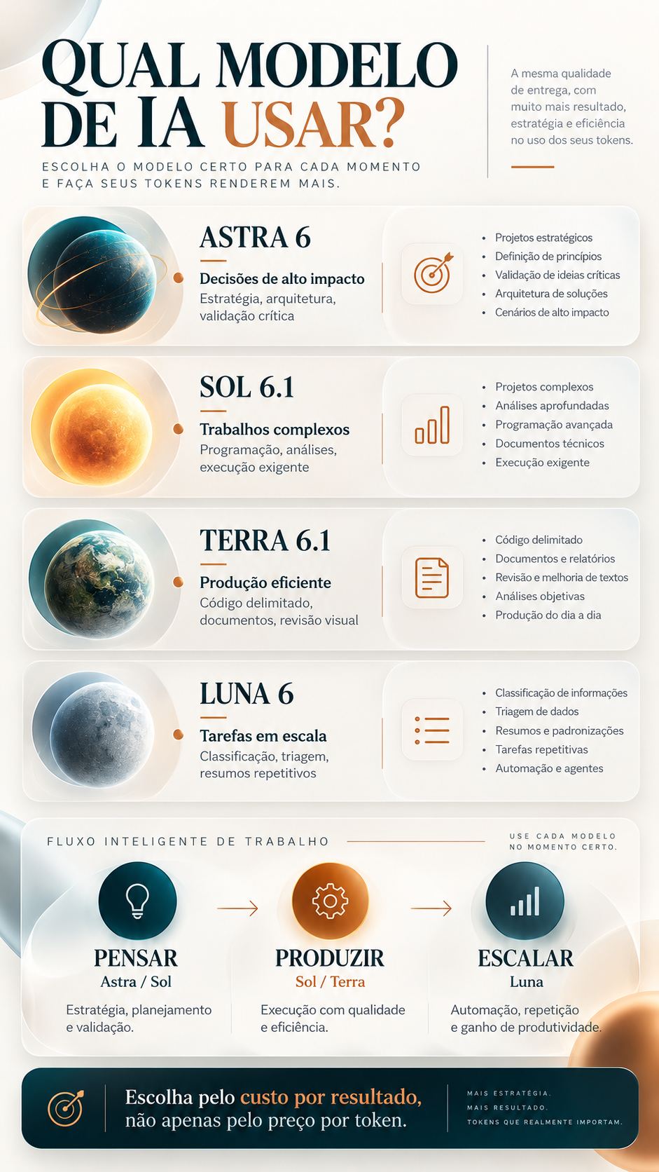 Infográfico aprovado: qual modelo de IA usar, com Astra 6, Sol 6.1, Terra 6.1, Luna 6 e fluxo de pensar, produzir e escalar.