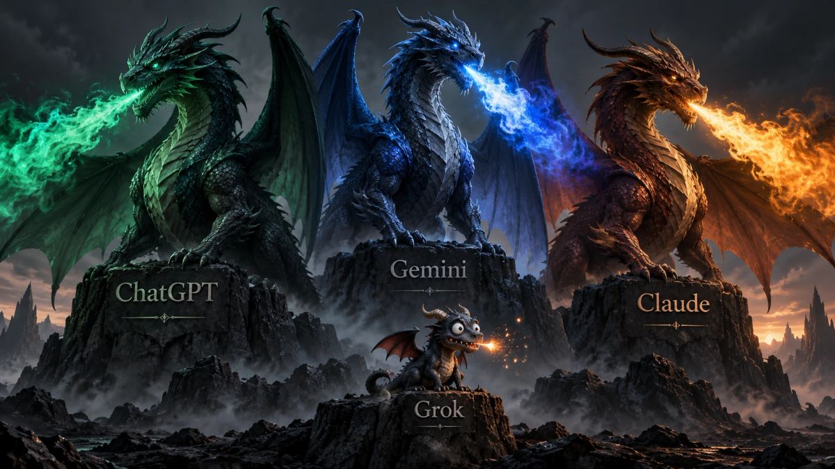 Três dragões grandes, ChatGPT, Gemini e Claude, e o pequeno Grok soltando faíscas; metáfora satírica da corrida da IA.
