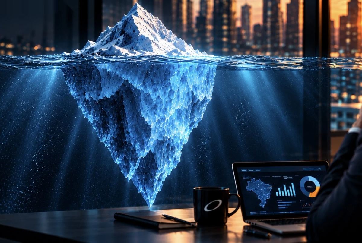 Iceberg de grande profundidade visto de um escritório, metáfora da maturidade da inteligência artificial nas empresas brasileiras.