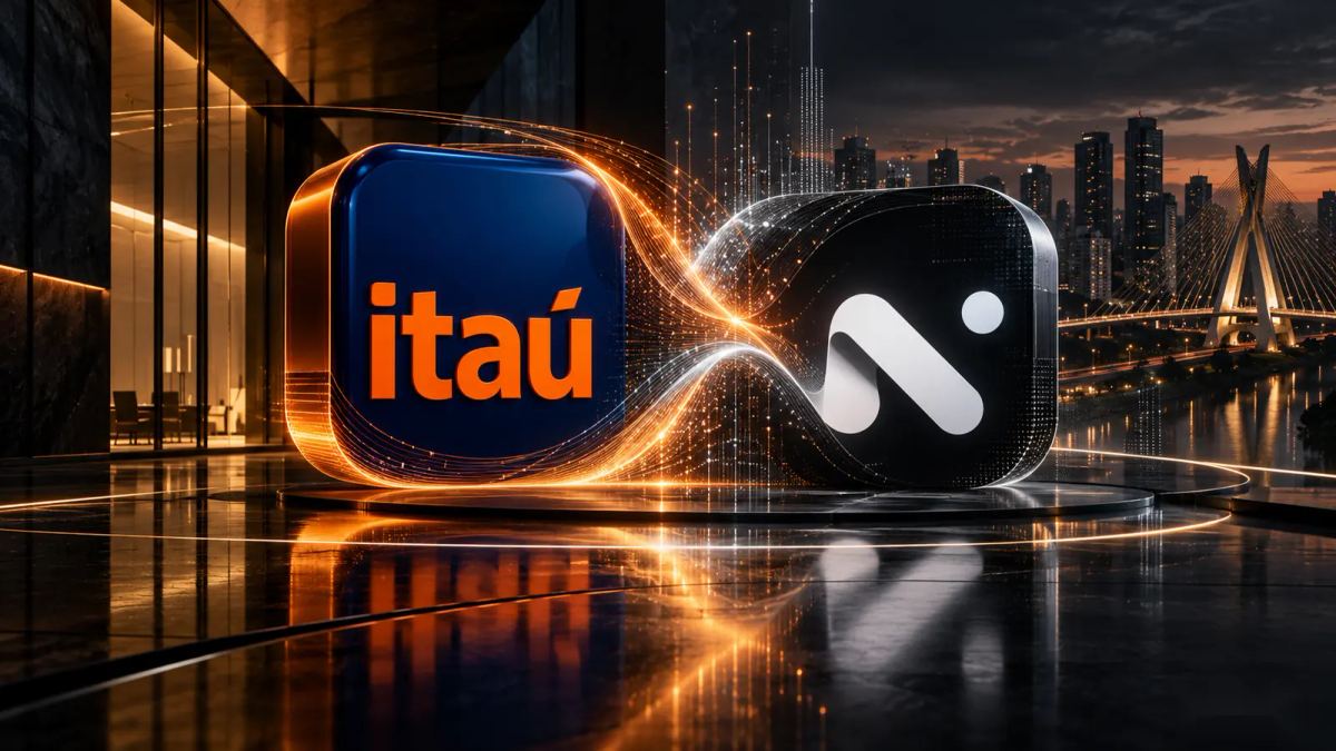 Logotipos do Itaú e da NeoSpace em composição conceitual de integração tecnológica.