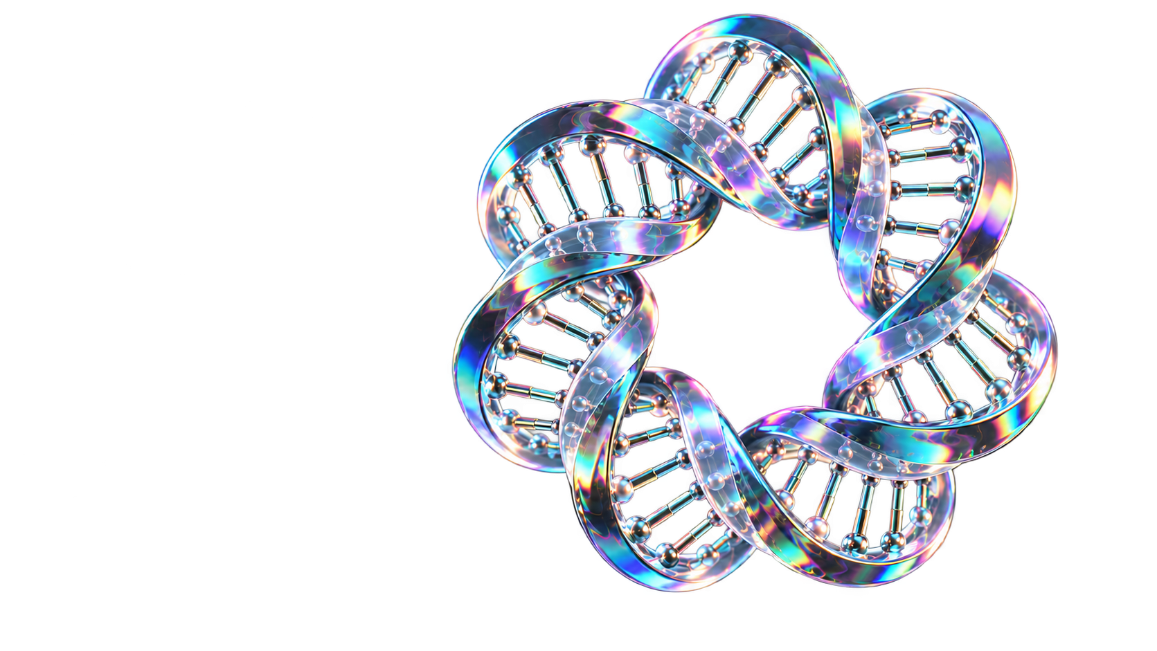 Ilustração conceitual de fitas de DNA iridescentes entrelaçadas em um nó.