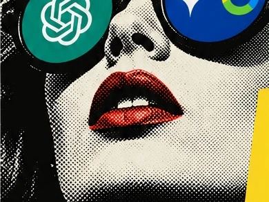 Retrato pop art de uma mulher com símbolos de ChatGPT e Gemini nos óculos, em uma composição editorial vermelha, azul e amarela.