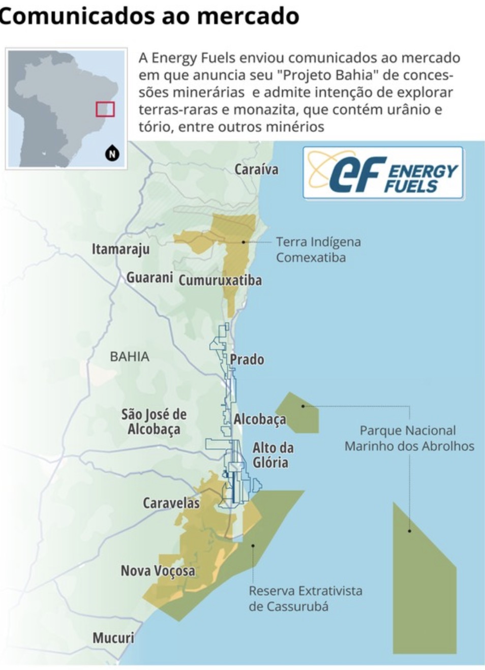 Mapa reproduzido da reportagem de O Globo situa processos minerários no litoral sul da Bahia e identifica Comexatibá, Cassurubá e Abrolhos.