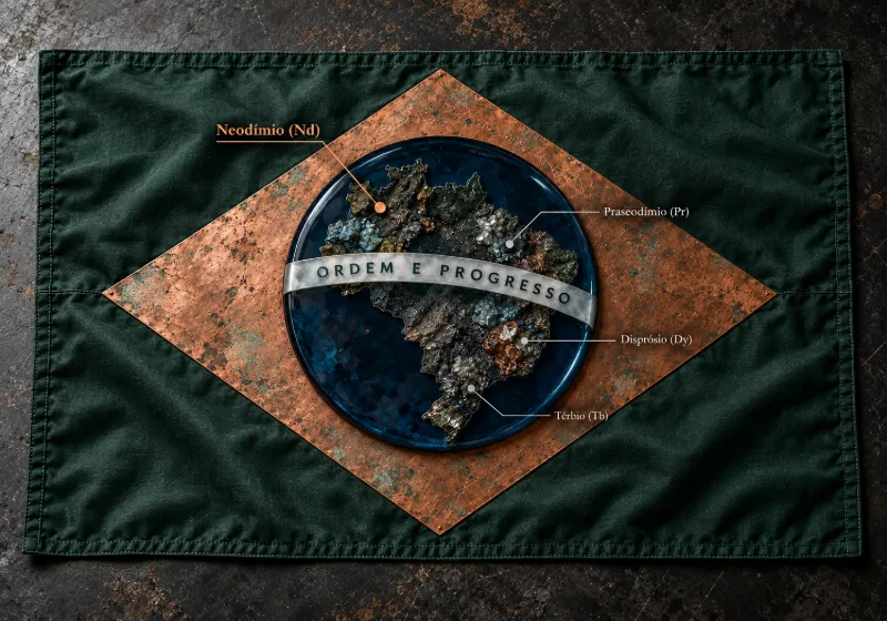 Representação editorial da bandeira do Brasil com neodímio, praseodímio, disprósio e térbio indicados conceitualmente