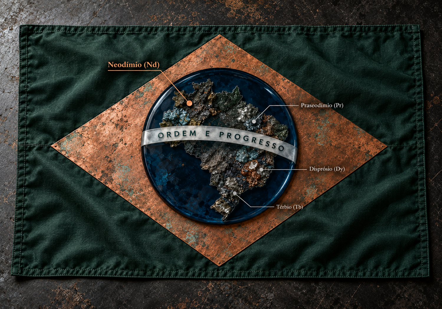 Representação editorial da bandeira do Brasil com neodímio, praseodímio, disprósio e térbio indicados conceitualmente