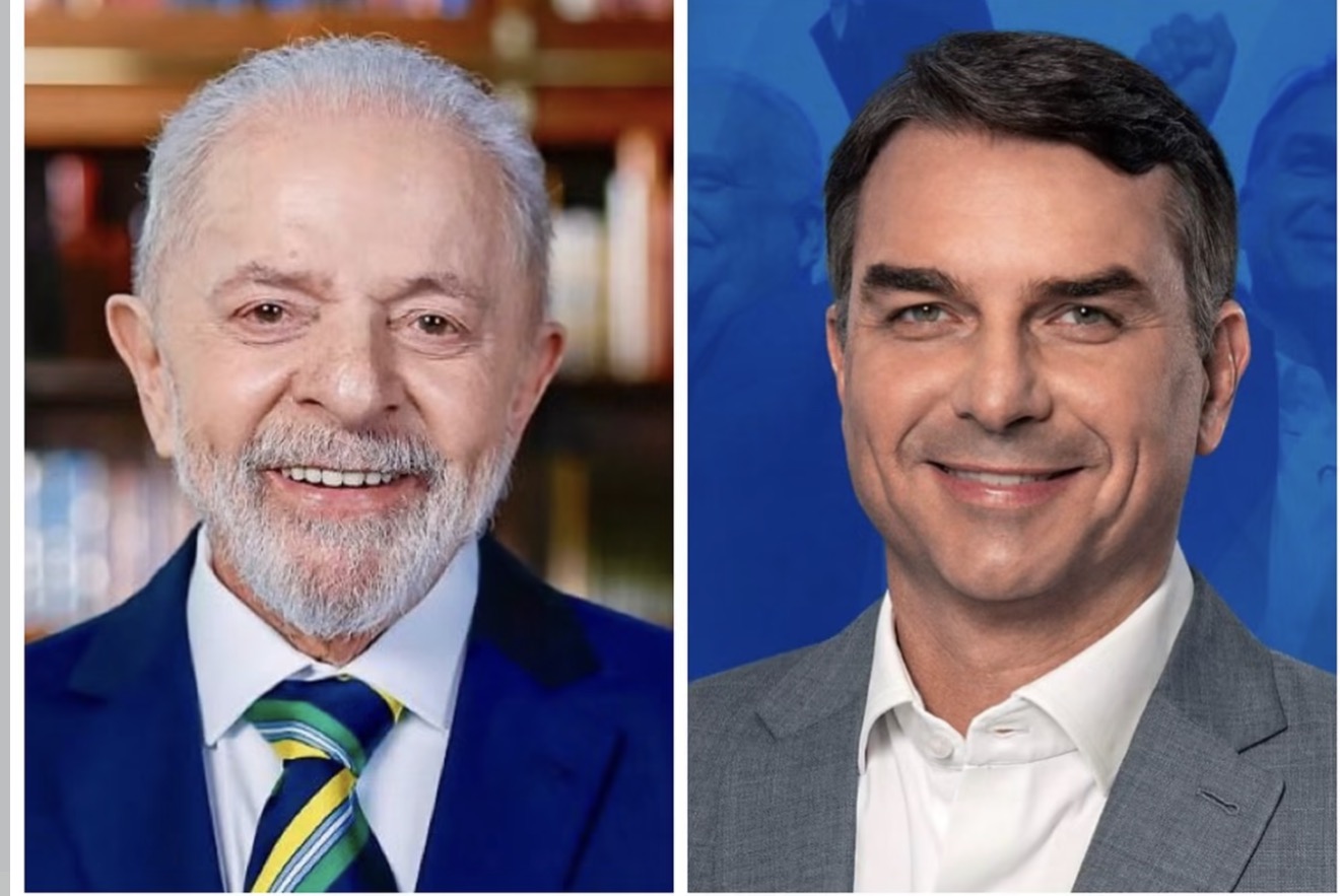 Retratos de Luiz Inácio Lula da Silva e Flávio Bolsonaro, lado a lado.